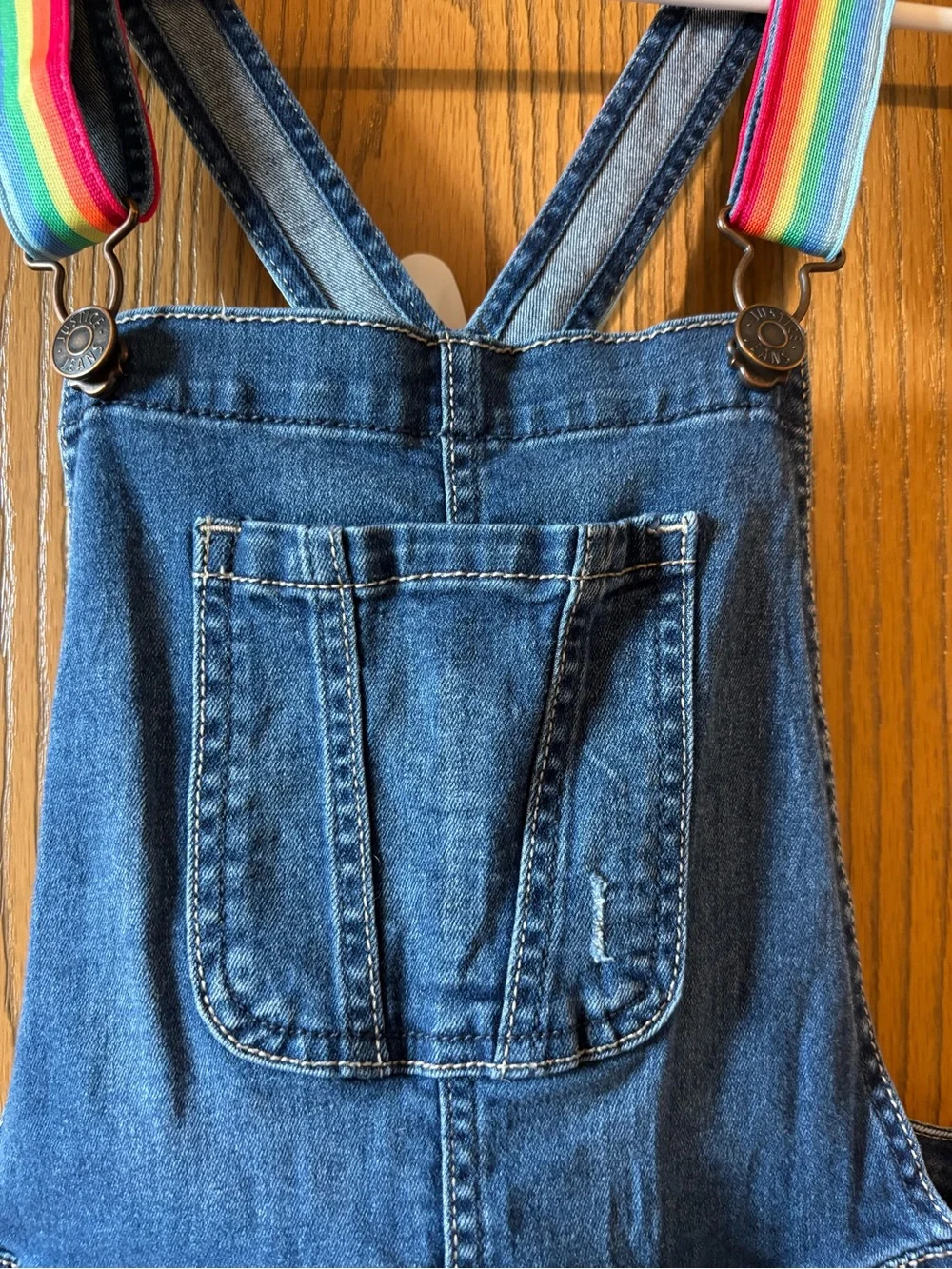 Justice Denim Short Overalls with Rainbow Straps - Blue Jean Shortalls 14